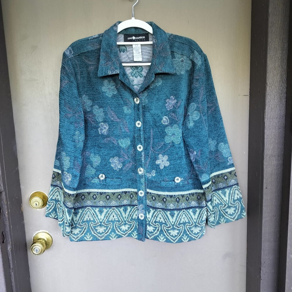 Sag Harbor 90s Boho Bohemian Tapestry Fabric Teal Jacket Floral